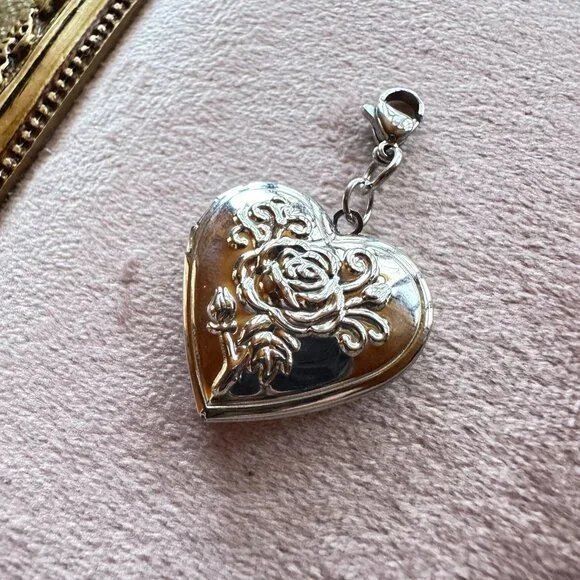 Heart Locket Charm Pendant With Floral Design In Stainless Steel Lobster Clasp - Picture 8 of 16
